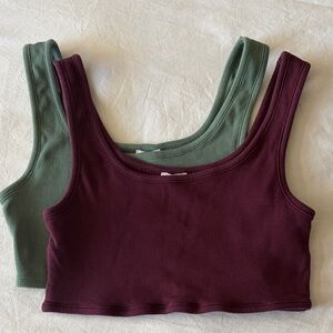 2 Cotton On Scoop Neck Ribbed Cropped Tank Tops - Green and Maroon - sz Large